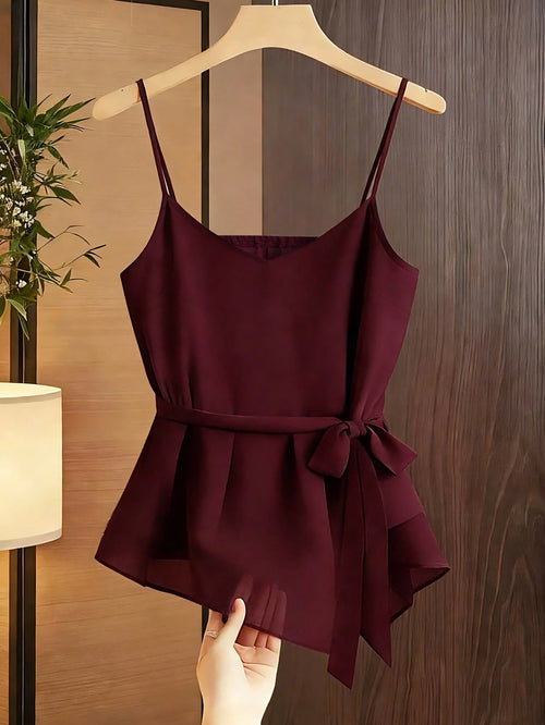 Franclia Casual Women's Red Violet Spaghetti Strap Cami Top With Flared Hem Knot Detail And Plain Fabric Regular Length
