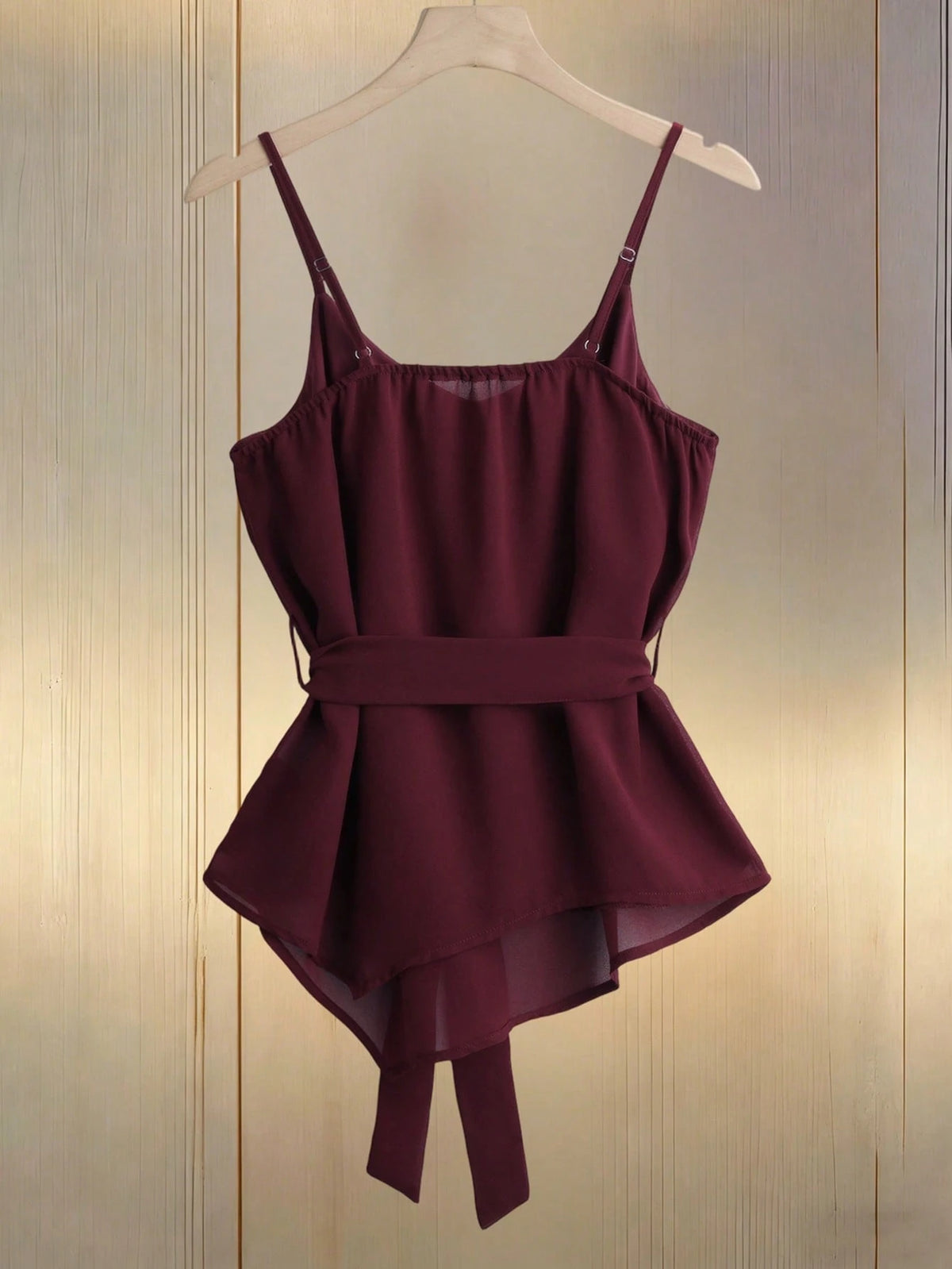 Franclia Casual Women's Red Violet Spaghetti Strap Cami Top With Flared Hem Knot Detail And Plain Fabric Regular Length