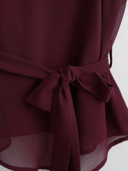 Franclia Casual Women's Red Violet Spaghetti Strap Cami Top With Flared Hem Knot Detail And Plain Fabric Regular Length