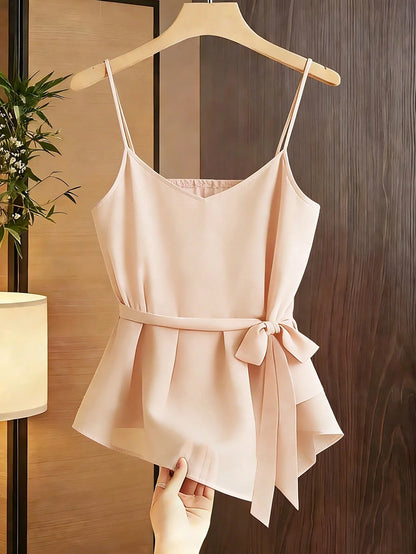 Franclia Casual Women's Red Violet Spaghetti Strap Cami Top With Flared Hem Knot Detail And Plain Fabric Regular Length