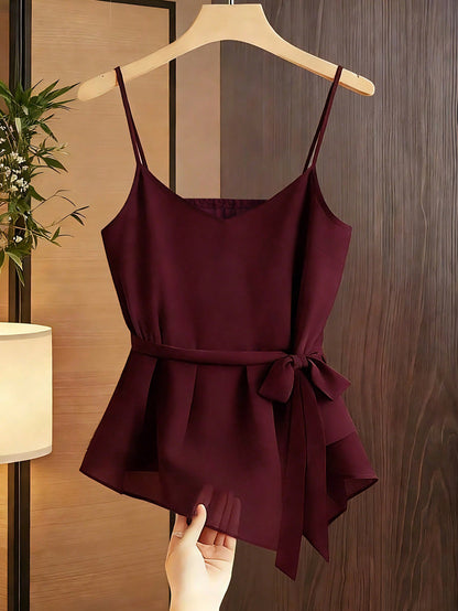 Franclia Casual Women's Red Violet Spaghetti Strap Cami Top With Flared Hem Knot Detail And Plain Fabric Regular Length