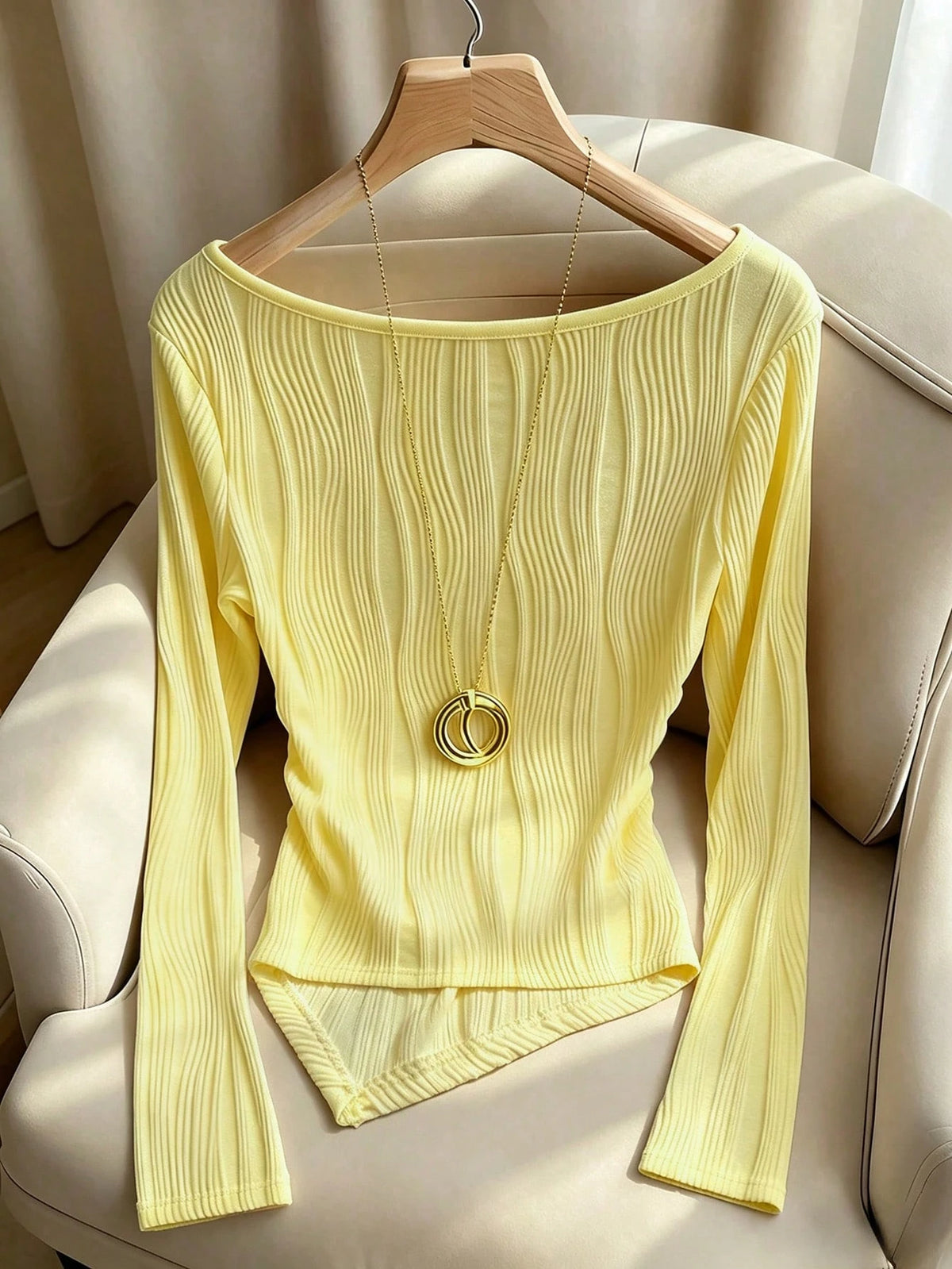 Franclia Casual Yellow Knitted V Neck Long Sleeve Top For Women