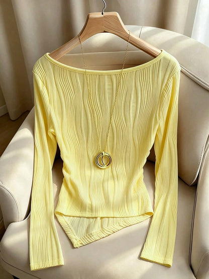 Franclia Casual Yellow Knitted V Neck Long Sleeve Top For Women