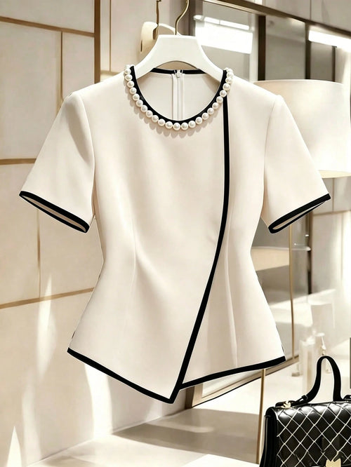Franclia Contrast Trim Bubble Bead Decor Collared Cinched Waist Blouse Teachers' Day Office Black And White Summer Elegant Business Professional