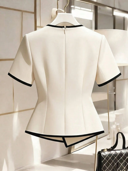 Franclia Contrast Trim Bubble Bead Decor Collared Cinched Waist Blouse Teachers' Day Office Black And White Summer Elegant Business Professional