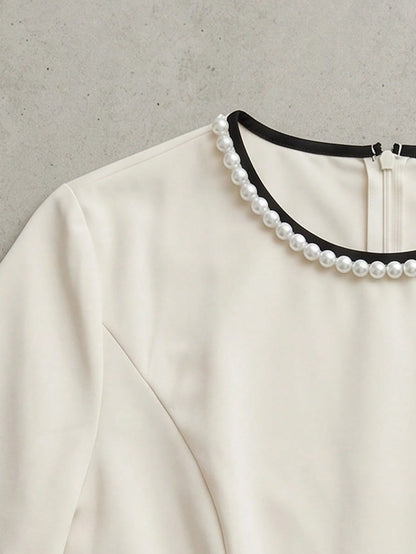 Franclia Contrast Trim Bubble Bead Decor Collared Cinched Waist Blouse Teachers' Day Office Black And White Summer Elegant Business Professional