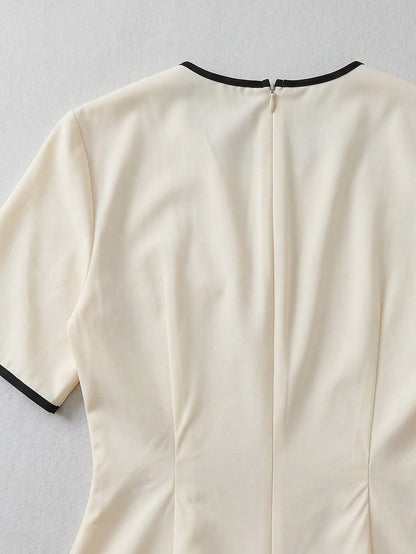 Franclia Contrast Trim Bubble Bead Decor Collared Cinched Waist Blouse Teachers' Day Office Black And White Summer Elegant Business Professional