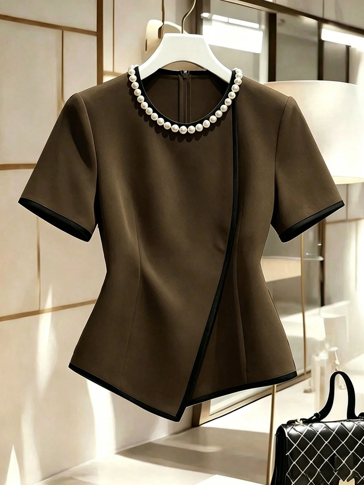 Franclia Contrast Trim Bubble Bead Decor Collared Cinched Waist Blouse Teachers' Day Office Black And White Summer Elegant Business Professional