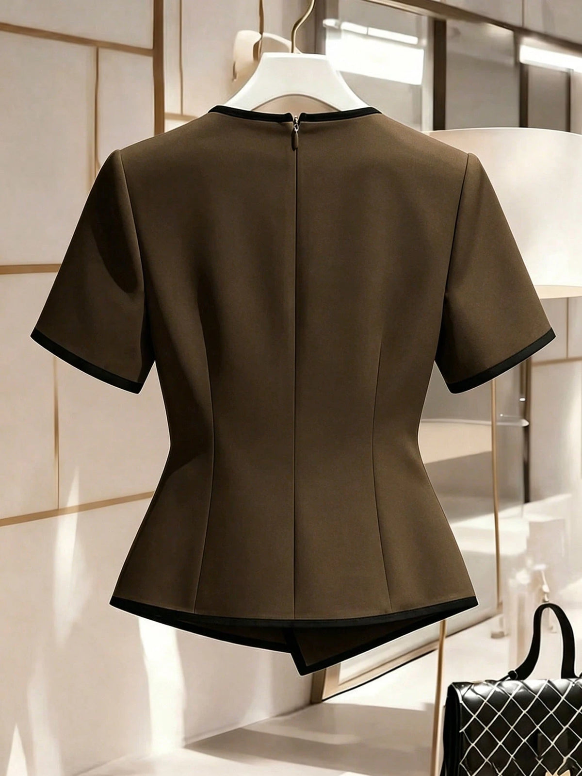 Franclia Contrast Trim Bubble Bead Decor Collared Cinched Waist Blouse Teachers' Day Office Black And White Summer Elegant Business Professional