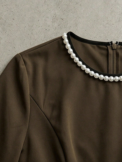 Franclia Contrast Trim Bubble Bead Decor Collared Cinched Waist Blouse Teachers' Day Office Black And White Summer Elegant Business Professional
