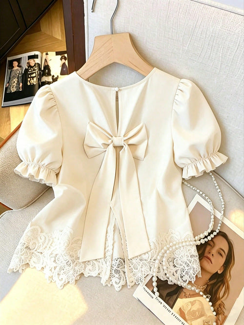 Franclia Elegant French-Style Women's Top,Cream White Summer Puff-Sleeved Bow Design Blouse,Tea Party Casual Commuter Office Wear,Fashionable Luxury Apparel