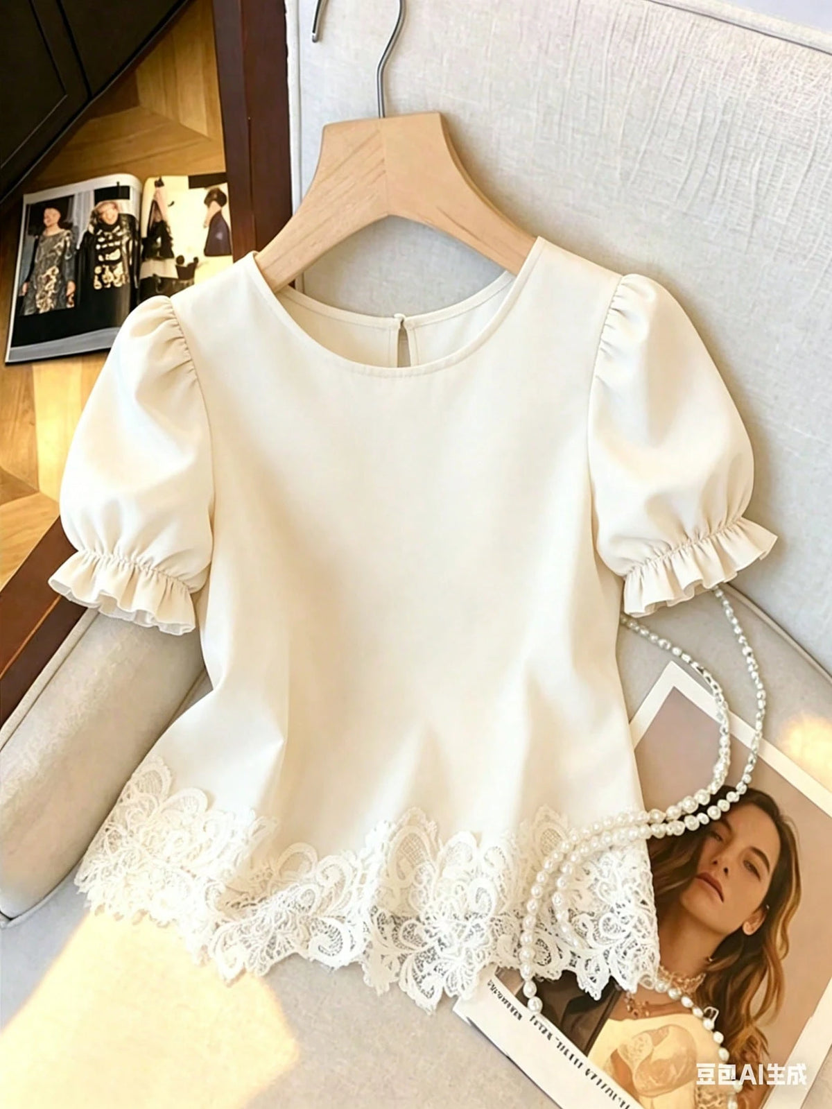 Franclia Elegant French-Style Women's Top,Cream White Summer Puff-Sleeved Bow Design Blouse,Tea Party Casual Commuter Office Wear,Fashionable Luxury Apparel