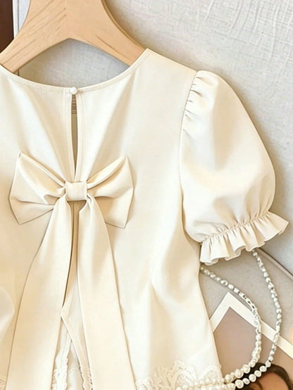 Franclia Elegant French-Style Women's Top,Cream White Summer Puff-Sleeved Bow Design Blouse,Tea Party Casual Commuter Office Wear,Fashionable Luxury Apparel