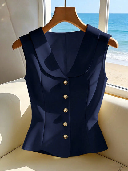 Franclia Elegant Navy Blue Summer Sleeveless Blouse,Chic & Office Top For Ladies,Holiday Holiday Sleeveless Top For Women,Suits For Ladies
