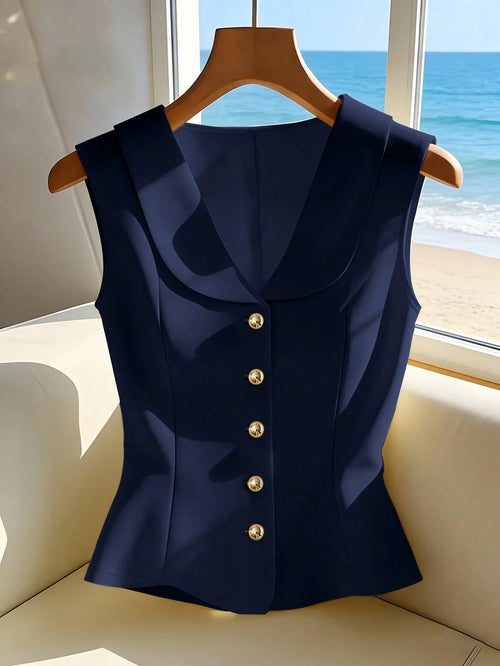 Franclia Elegant Navy Blue Summer Sleeveless Blouse,Chic & Office Top For Ladies,Holiday Holiday Sleeveless Top For Women,Suits For Ladies