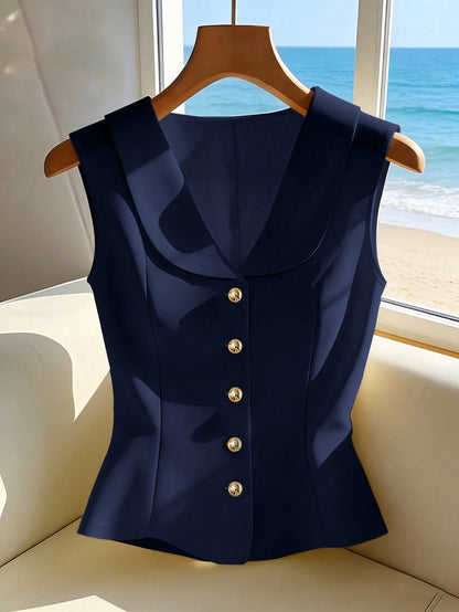 Franclia Elegant Navy Blue Summer Sleeveless Blouse,Chic & Office Top For Ladies,Holiday Holiday Sleeveless Top For Women,Suits For Ladies