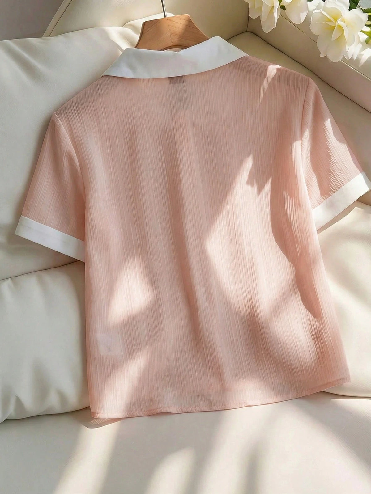 Franclia Elegant Pink Checkered Summer Chiffon Blouse,Casual Office White Collar Loose Short Sleeve Shirt,Metal Button Pleated Fashion Graduation Commuter
