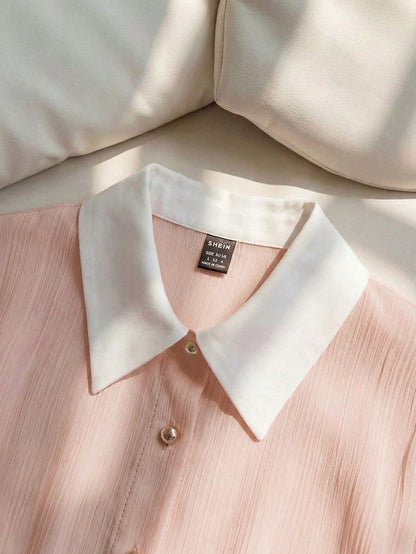 Franclia Elegant Pink Checkered Summer Chiffon Blouse,Casual Office White Collar Loose Short Sleeve Shirt,Metal Button Pleated Fashion Graduation Commuter