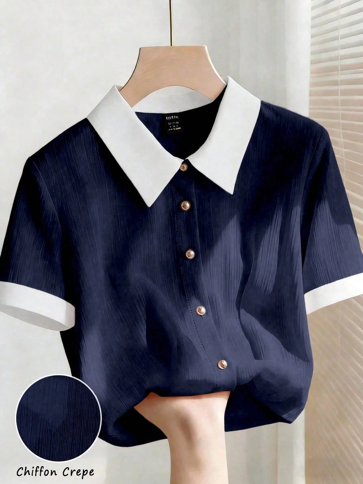 Franclia Elegant Pink Checkered Summer Chiffon Blouse,Casual Office White Collar Loose Short Sleeve Shirt,Metal Button Pleated Fashion Graduation Commuter