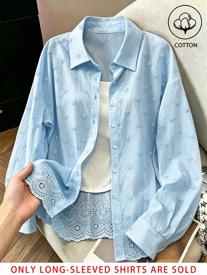 Franclia Fashionable All-Season Casual Versatile Solid Color Embroidered Traceable Pure Cotton Fabric Loose Fit Women's Shirt