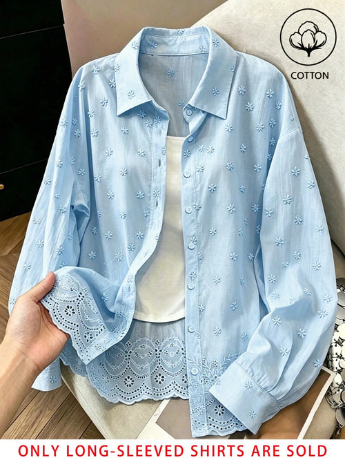 Franclia Fashionable All-Season Casual Versatile Solid Color Embroidered Traceable Pure Cotton Fabric Loose Fit Women's Shirt