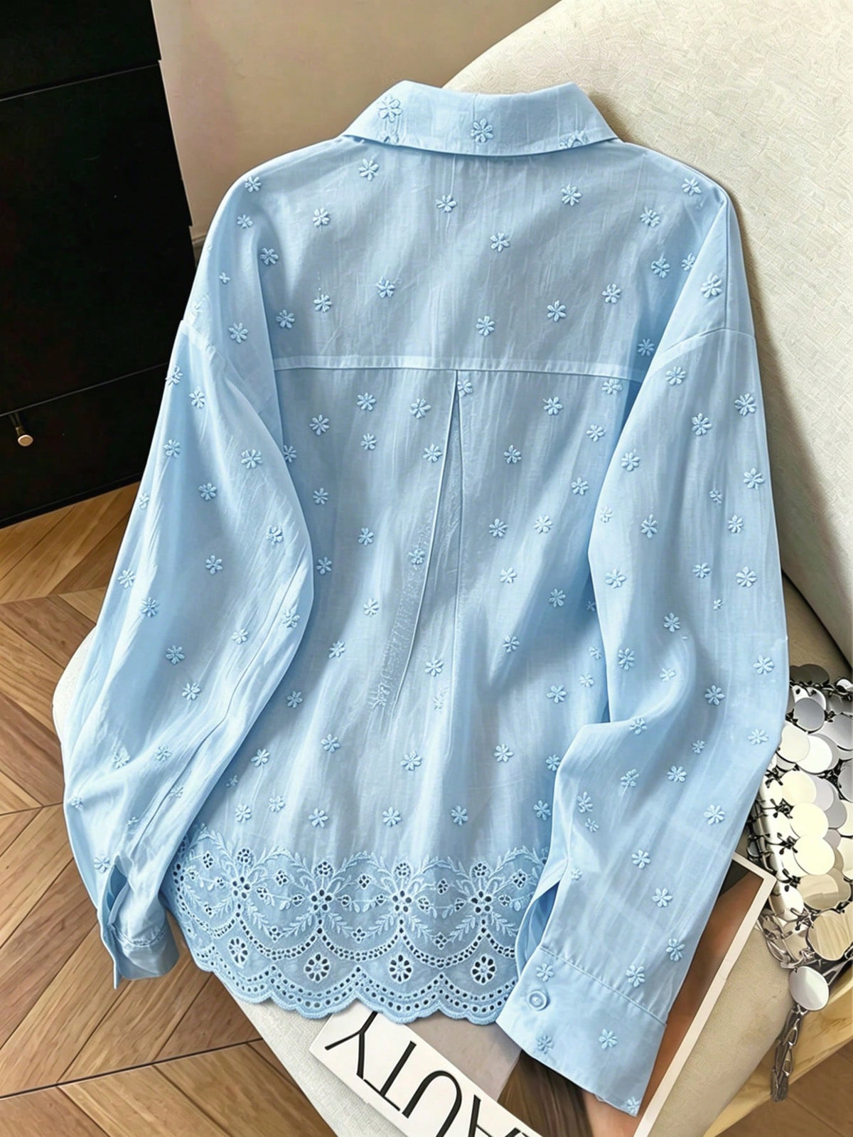 Franclia Fashionable All-Season Casual Versatile Solid Color Embroidered Traceable Pure Cotton Fabric Loose Fit Women's Shirt