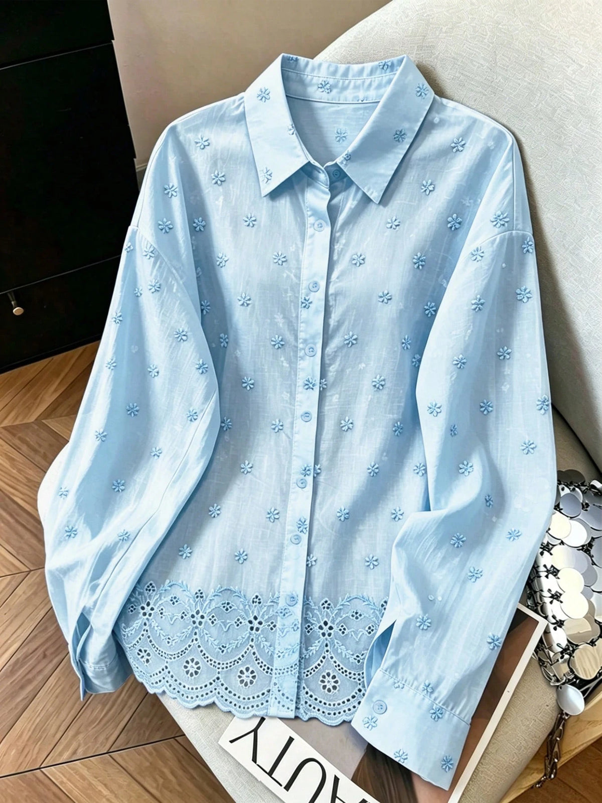 Franclia Fashionable All-Season Casual Versatile Solid Color Embroidered Traceable Pure Cotton Fabric Loose Fit Women's Shirt