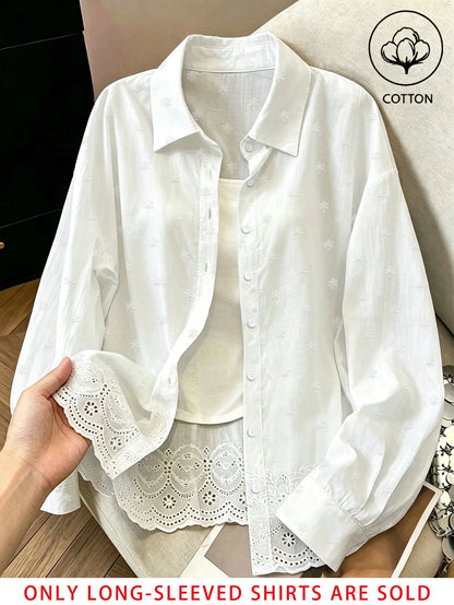 Franclia Fashionable All-Season Casual Versatile Solid Color Embroidered Traceable Pure Cotton Fabric Loose Fit Women's Shirt