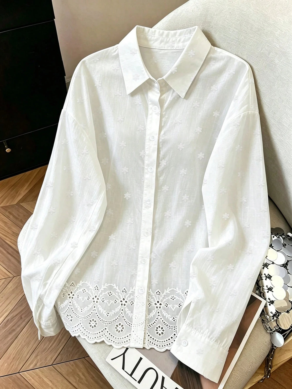 Franclia Fashionable All-Season Casual Versatile Solid Color Embroidered Traceable Pure Cotton Fabric Loose Fit Women's Shirt