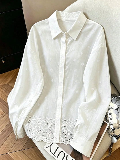 Franclia Fashionable All-Season Casual Versatile Solid Color Embroidered Traceable Pure Cotton Fabric Loose Fit Women's Shirt