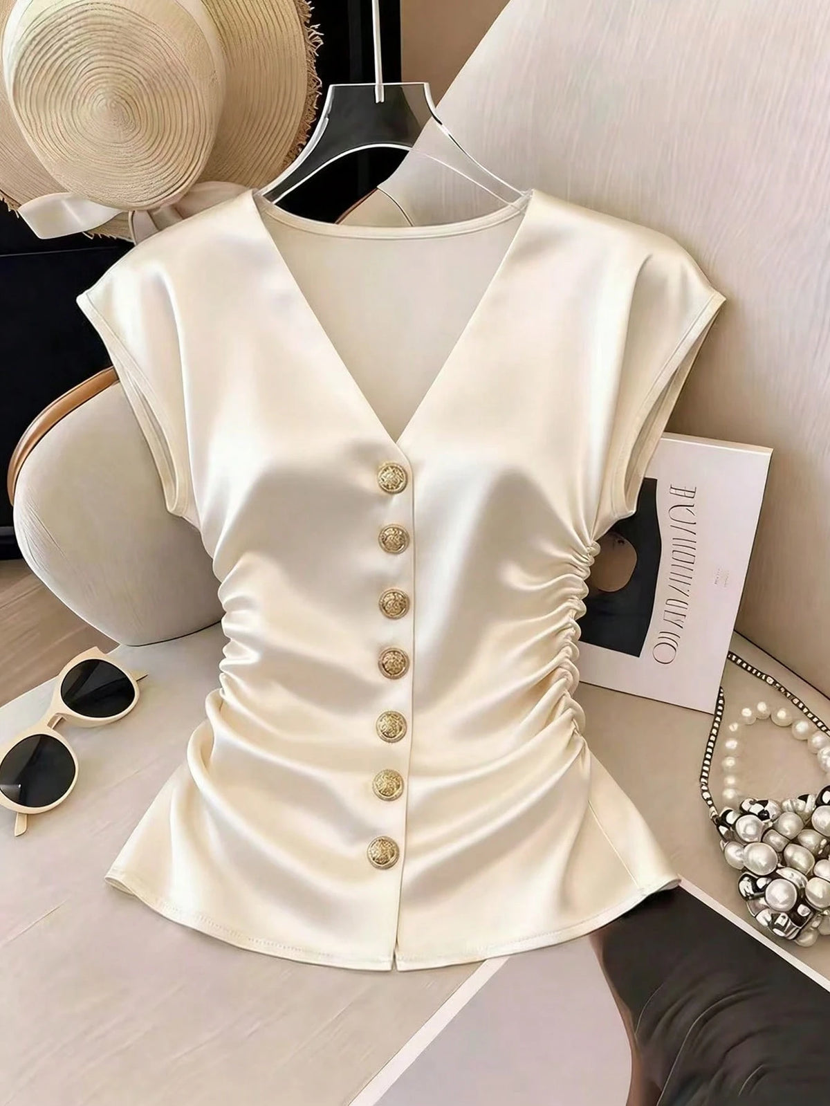 Franclia French Elegance Women's Satin Summer V-Neck Button-Down Pleated Waist Top, Elegant Office Commuter Wear, Business Casual Holiday