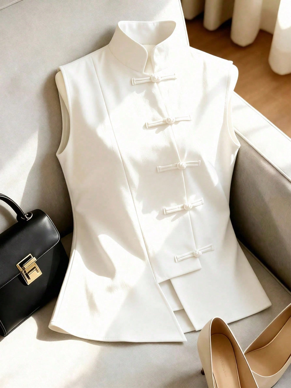 Franclia New Chinese Style Cheongsam Inspired Sleeveless Top, Stand Collar, Button Decor, Asymmetrical Waist Design, Versatile Spring/Summer Blouse For Women
