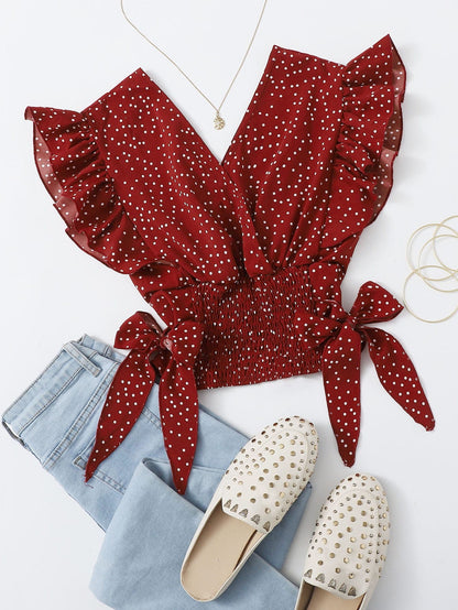 Franclia Ruffle Trim Shirred Knotted Polka-dot Top
