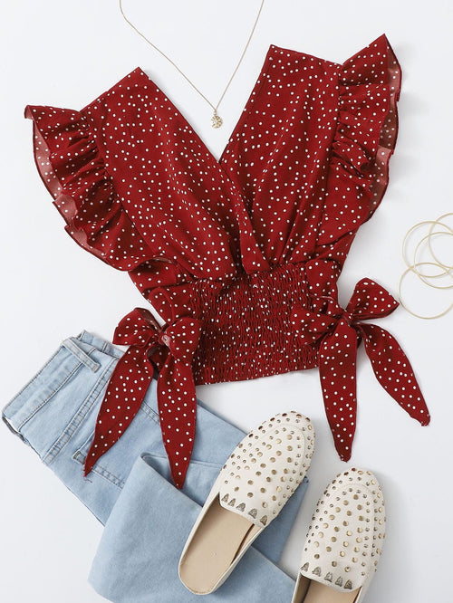 Franclia Ruffle Trim Shirred Knotted Polka-dot Top