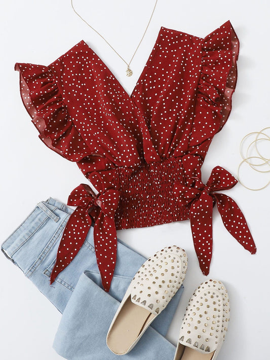 Franclia Ruffle Trim Shirred Knotted Polka-dot Top