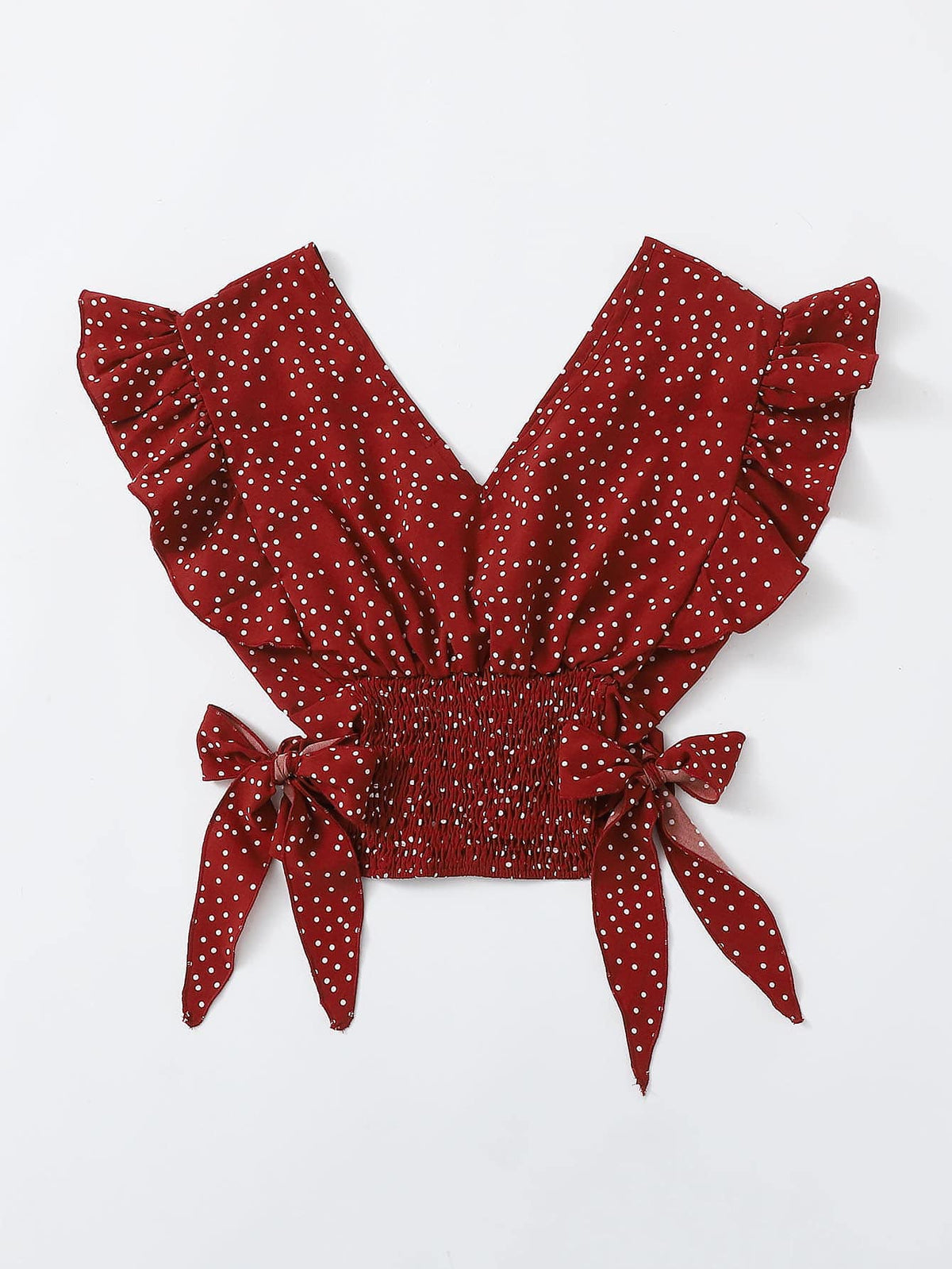 Franclia Ruffle Trim Shirred Knotted Polka-dot Top