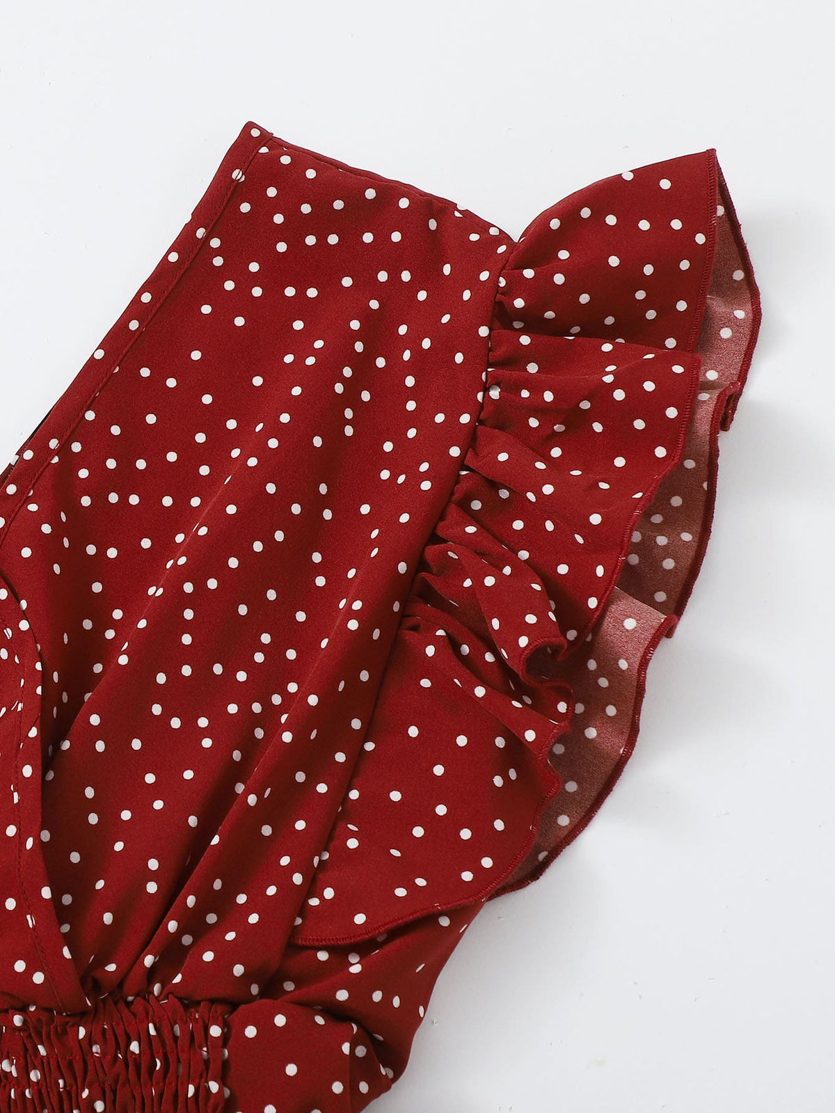Franclia Ruffle Trim Shirred Knotted Polka-dot Top