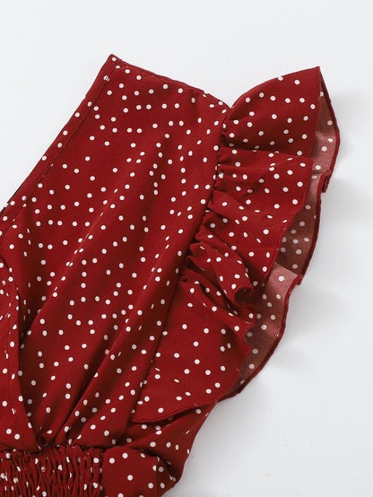 Franclia Ruffle Trim Shirred Knotted Polka-dot Top