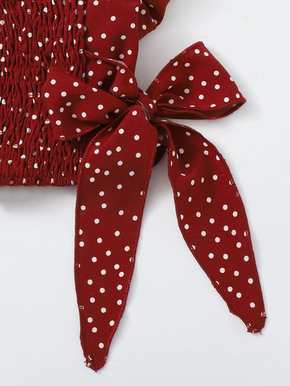 Franclia Ruffle Trim Shirred Knotted Polka-dot Top