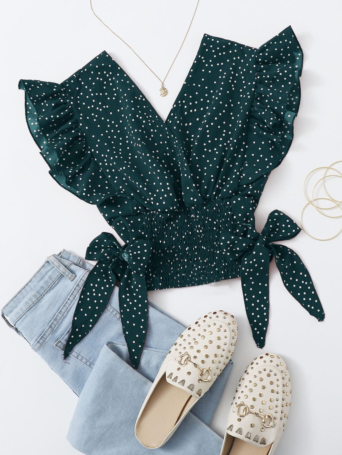 Franclia Ruffle Trim Shirred Knotted Polka-dot Top