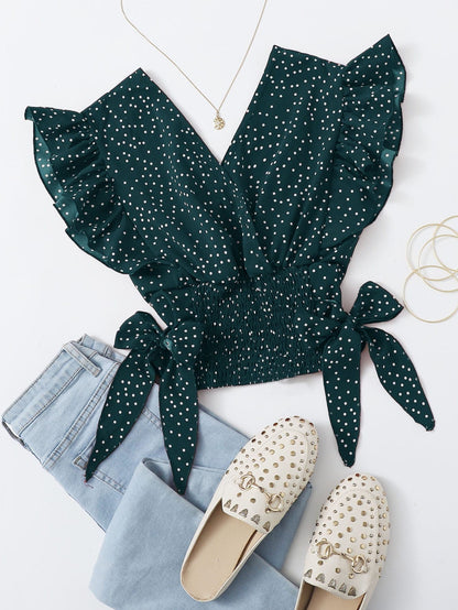 Franclia Ruffle Trim Shirred Knotted Polka-dot Top