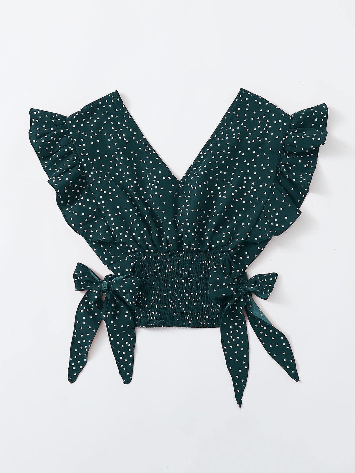 Franclia Ruffle Trim Shirred Knotted Polka-dot Top