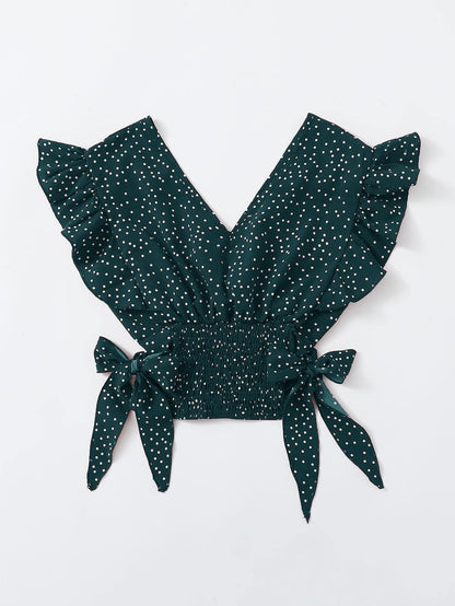 Franclia Ruffle Trim Shirred Knotted Polka-dot Top
