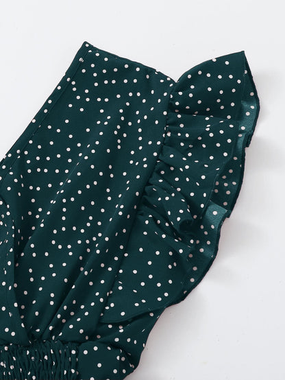 Franclia Ruffle Trim Shirred Knotted Polka-dot Top