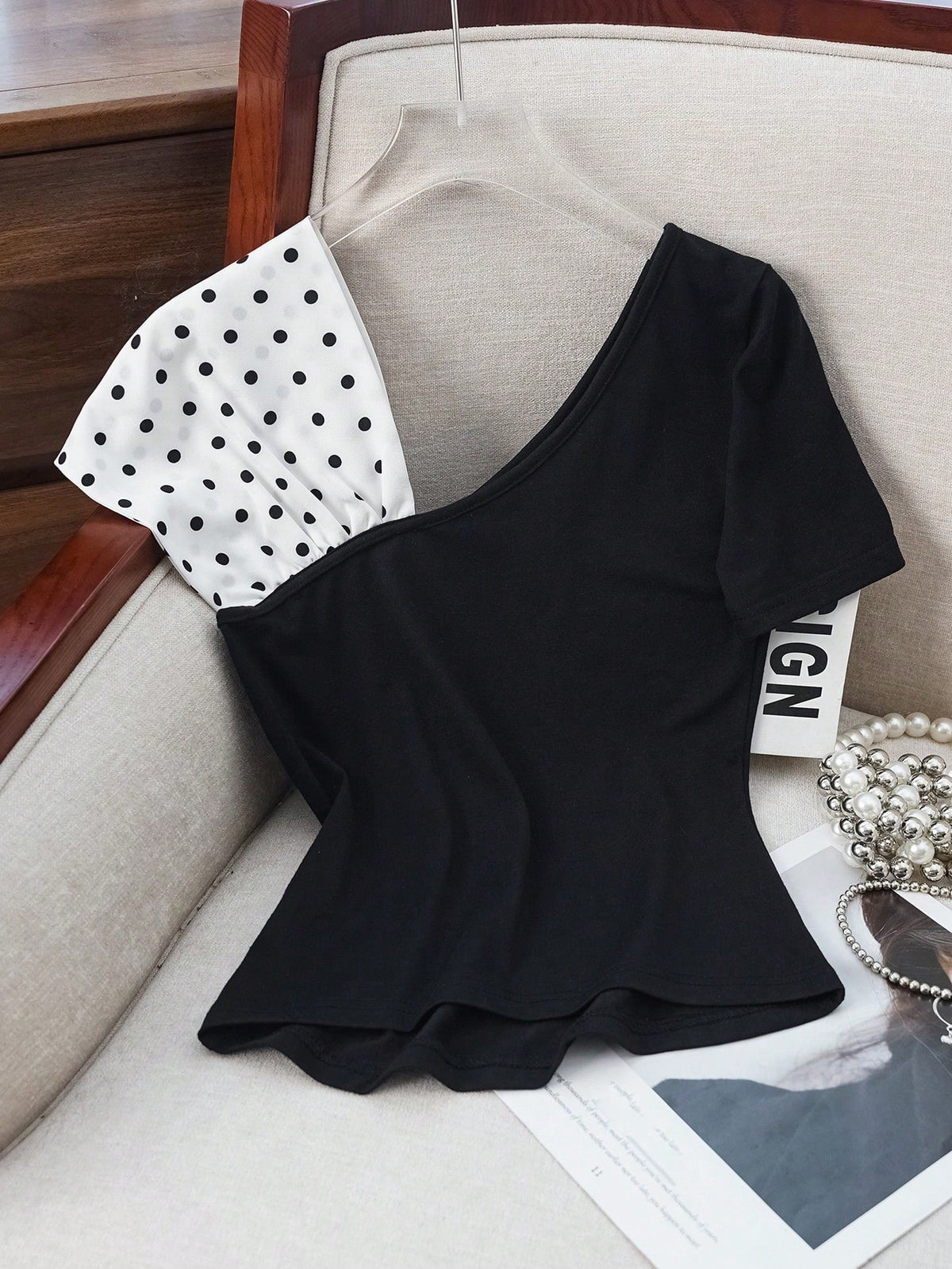 Franclia Summer Bowknot Asymmetrical Cold Shoulder Polka Dot Print Stylish T-Shirt