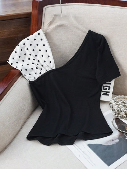 Franclia Summer Bowknot Asymmetrical Cold Shoulder Polka Dot Print Stylish T-Shirt