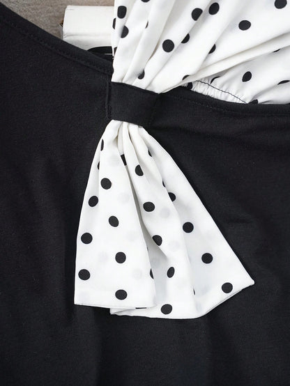 Franclia Summer Bowknot Asymmetrical Cold Shoulder Polka Dot Print Stylish T-Shirt