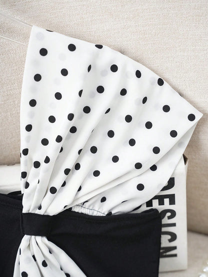 Franclia Summer Bowknot Asymmetrical Cold Shoulder Polka Dot Print Stylish T-Shirt