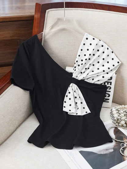 Franclia Summer Bowknot Asymmetrical Cold Shoulder Polka Dot Print Stylish T-Shirt