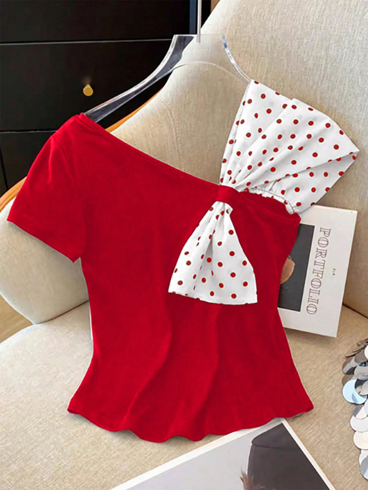 Franclia Summer Bowknot Asymmetrical Cold Shoulder Polka Dot Print Stylish T-Shirt